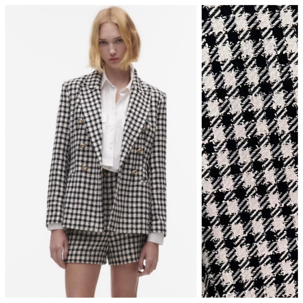NWT. Zara Black/White Cotton Blend Plaid Double Breasted Blazer. Size M.